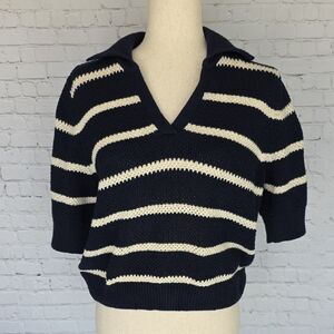 Vero Moda Navy & White Striped Cotton Knit Polo Sweater Top - Large